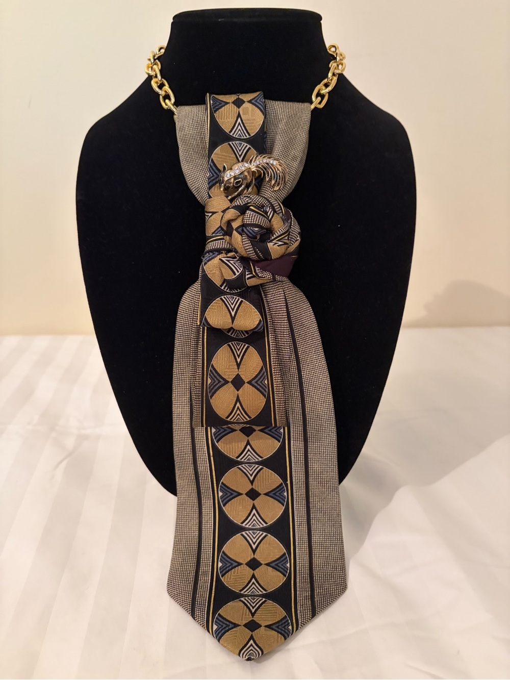 CONTE DiMiLANO Italian 100% Silk Gold and Black Geometric Tie with Squirrel Pin